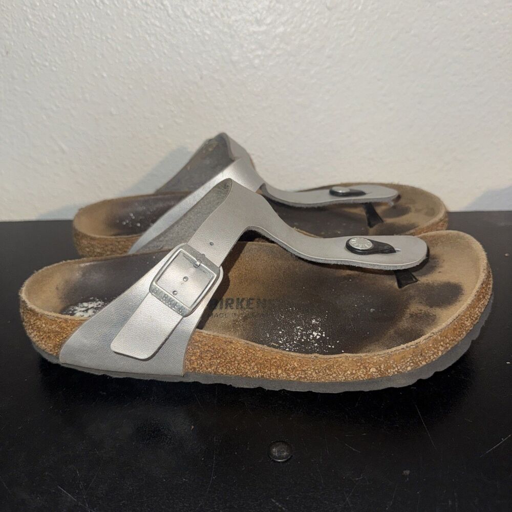 Birkenstock Gizeh Sandals 39 US 8 Metallic Slate Gray Leather Thong Women